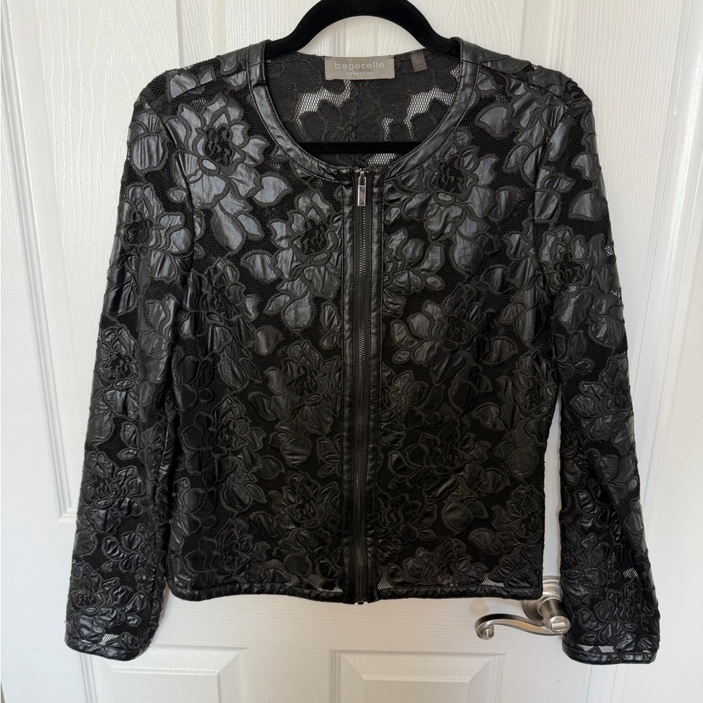 bagatelle Black Floral Embossed Zip-Front Faux Leather Jacket